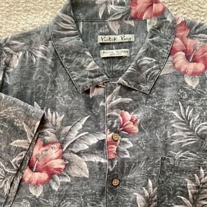 Batik Bay Mens Grey Pink Hibiscus Floral 100% Silk Short Sleeve Aloha Shirt XL